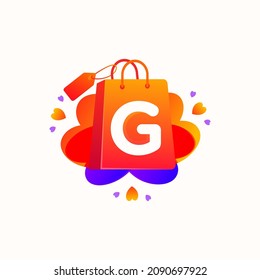 G letter with love shopping bag icon and Sale tag vector element design. G alphabet illustration template for corporate identity, Special offer tag, Super Sale label, sticker, poster etc.