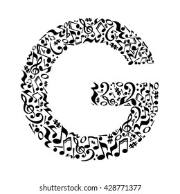 G letter made of musical notes on white background. Alphabet for art school. Trendy font. Graphic decoration.