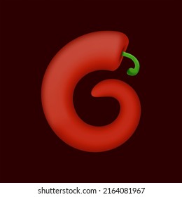 G letter made of red chilli pepper. Isolated vegetable vector organic typeface for farm design elements, restaurant menu and more