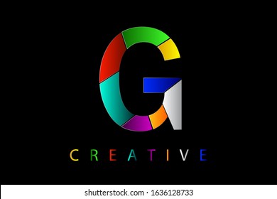 G letter in many colors with broken glass effect. Shattered letter with falling pieces vector illustration for logo, monogram, label, cover, emblem, company name, glass business, firm sign or web page