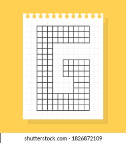 G letter on notepad sheet of squared paper, made of squares. Vector illustration