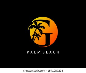 G Letter Palm Tree and Sun Set Logo Icon. Perfect for surfing shop, sport, Tour and Travel. Initial G with sunset and palm tree.