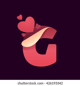 G letter with paper folded corner and hearts. Vector paper style typeface for st. Valentine's day. Red letter icon for card, app icon, corporate identity, label or poster.