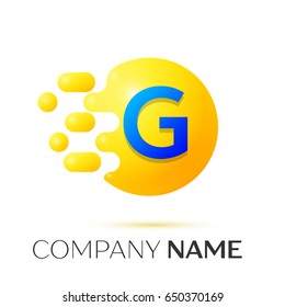 G Letter splash logo. Yellow dots and circle bubble letter design on grey background. Vector Illustration