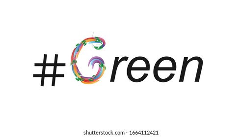 G letter symbol, G monogram. Green word creative poster design. Floral Abstract colourful brush. Spring banner template. Social hashtag. Text vector concept. Artistic illustration.