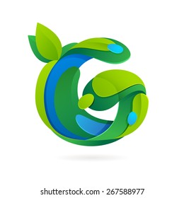 G letter volume ecology logo, leaves and water drops vector design template elements