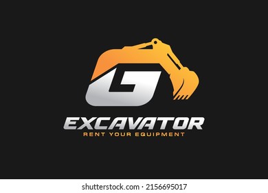 G logo excavator for construction company. Heavy equipment template vector illustration for your brand.