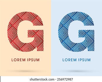 G ,Luxury font, designed using red and blue line square geometric shape, hot and cool tone, logo, symbol, icon, graphic, vector.