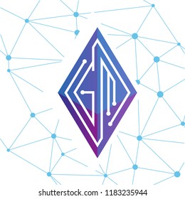 G M Initial letter block chain logo icon vector template. Looping mono line circuit letter on rhombus cube logo