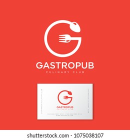 G monogram. Gastropub logo. Gastronomy  restaurant emblem. Fork and spoon like letter G on orange background. Identity. Business card.