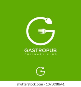 G Monogram. Gastropub Logo. Gastronomy Restaurant Emblem. Fork And Spoon Like Letter G On Green Background. 