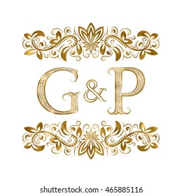 G and P vintage initials logo symbol. The letters are surrounded by ornamental elements. Wedding or business partners monogram in royal style.