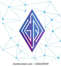 G Q Initial letter block chain logo icon vector template. Looping mono line circuit letter on rhombus cube logo