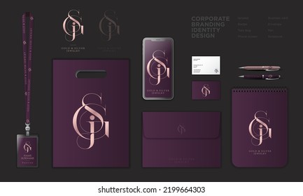 G, S and J monogram. Gold and Silver Jewelry. Identity: lanyard, badge, paper bag, screen, envelope, pen, business card. Purple theme.