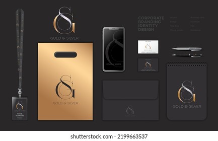 G And S Monogram. Gold And Silver. Jewelry Store Identity: Lanyard, Badge, Paper Bag, Screen, Envelope, Pen, Business Card. Black Theme.