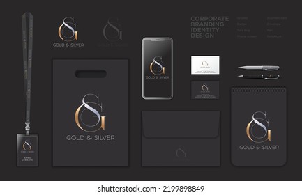 G And S Monogram. Gold And Silver. Jewelry Store Identity: Lanyard, Badge, Paper Bag, Screen, Envelope, Pen, Business Card. Black Theme.