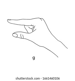 G is the seventh letter of the alphabet in sign language. Vector graphics image of a hand. The language of the deaf. Line art drawing. Black and white illustration. Fingers folded in letter g