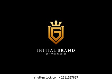 G shield monogram letter logo luxury design with gold crown combination