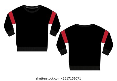 g Sleeve Sweatshirt technical fashion flat sketch vector illustration Black Color template front and back views. Fleece jersey sweatshirt sweater jumper for men's and boys.
