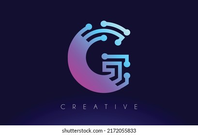 G Tech Letter logo Concept with Connected Technology Dots and Lines in Blue Purple Colors Vector Design