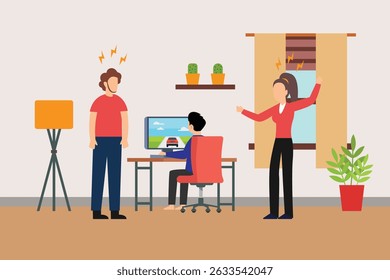 g uma cena tensa no que parece ser um escritório doméstico ou uma ilustração vetor de espaço de trabalho casual