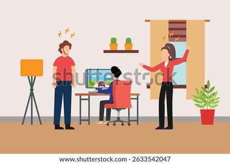 g a tense scene in what appears to be a home office or casual workspace vector illustration