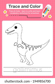 G Tracing word for dinosaurs and coloring trace worksheet for kids to practice writing skills with the word Gallimimus 