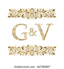 G and V vintage initials logo symbol. The letters are surrounded by ornamental elements. Wedding or business partners monogram in royal style.