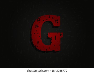G letra roja vectorial hecha de textura gruesa. Una fuente loca de miedo brutal. Diseño de estilo temático nocturno.  Para logotipo, marca, afiche, elementos de diseño, etc.   