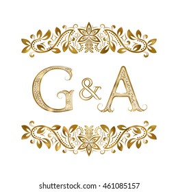 G and A vintage initials logo symbol. The letters are surrounded by ornamental elements. Wedding or business partners monogram in royal style.