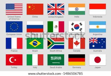 G20 countries flags. Major world advanced and emerging economies states, official Group of Twenty flag labels. International financial summit forum meeting flags symbols. Isolated vector icons set