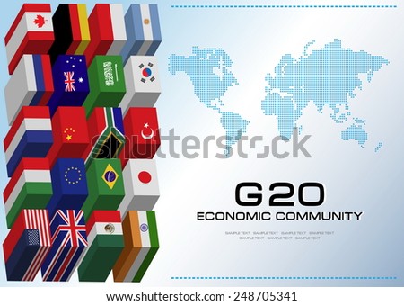 G20 country flags with dotted world map or flags of the world (economic G20 country flag) illustration