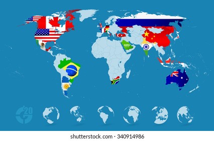 G20 Country Flags On Detailed World map.