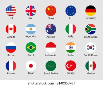 G20 country flags. G20 round icons. China, korea, brazil, mexico, usa, japan, indonesia, canada, france, argentina, saudi arabia, india, germany, south africa, italy, australia, turkey, uk. Vector.