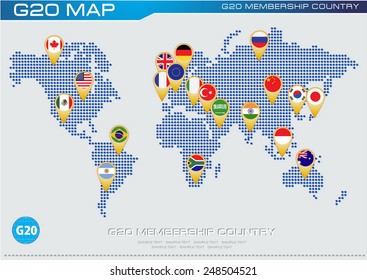 G20 country flags with worldmap or flags of G20 membership (economic G20 country flag) illustration