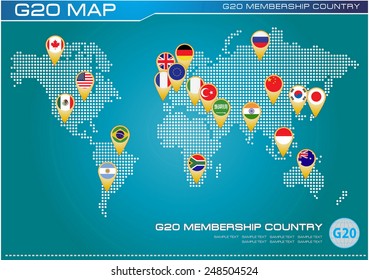 Indicadores de países del G20 con mapa del mundo o indicadores de pertenencia al G20 (indicador de país del G20 económico)