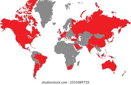 G20 Country en el mundo, Mapa mundial, Mapa geográfico, Línea fronteriza de Country, G20 Country Highlight, Grupo de veinte países, Asia, África, Europa, América del Norte, América del Sur, Australia Oceanía