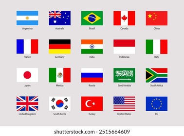 G20 flag vector illustration. USA ,Canada, France, Germany, Italy, Japan, UK, EU, China simple national symbols with members countries names. The Group of Twenty official flags icons. Bright colors