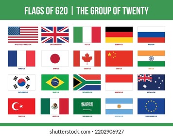 G20 Flags. Group of Twenty Flags. Intergovernmental forum. International Association of Government Econimic  Financial. Isolated Vector Flags Set.