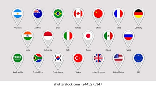 G20 flags map pointers stickers vector illustration. US, EU, Canada, China simple national symbols with location sign, markers and members states names. The Group of Twenty official flags icons