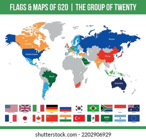 G20 Flags  Maps. Group of Twenty. Intergovernmental forum. International Association of Government Econimic  Financial. Isolated Vector Flags  Maps Set