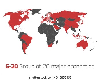 G-20 or Group of major economies in the world. Highlighted by red in blank world political map.