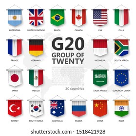 G20 . Group of Twenty countries and membership flag . International association of government econimic and financial . 3D realistic pennant hanging element design . White isolated background . Vector