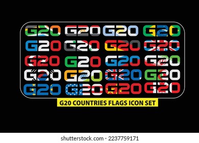 G20 Group of Twenty,Typography  icon set, Flags of member countries, Vector.g20 countries list.