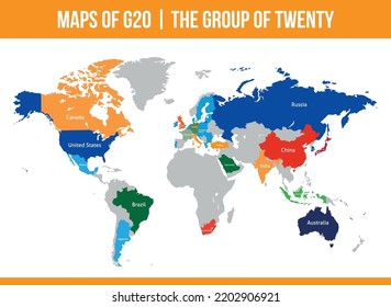 Mapas del G20. Grupo de los Veinte. Foro Intergubernamental. Asociación Internacional de Finanzas Económicas Gubernamentales. Conjunto de mapas vectoriales aislados