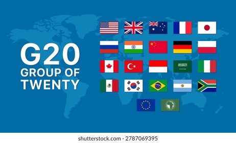 G20 Member Nations Flags and World Map Banner for Global Economic Summit Forum Vector Illustration Design