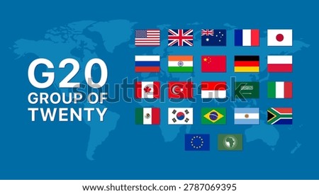 G20 Member Nations Flags and World Map Banner for Global Economic Summit Forum Vector Illustration Design