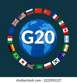 G20 world globe countries infographic. Saudi Arabia Turkey Brazil european G20 country flag