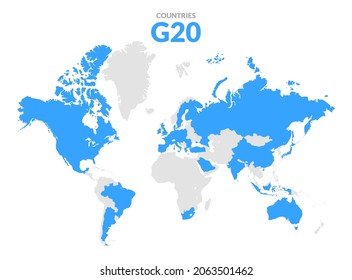 G20 World Map Countries Infographic. Saudi Arabia Turkey Brazil European G20 Country