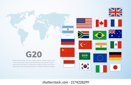 infografía de países del G20 con mapas del mundo. Arabia Saudita Turquía Brasil Bandera de país europea del G20